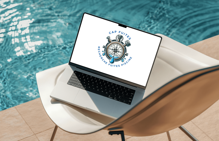 Ordinateur portable sur une chaise près d'une piscine, affichant un logo.