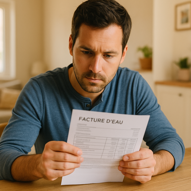 Un homme assis à sa table de cuisine regarde une facture d’eau avec inquiétude, illustrant une surconsommation d’eau nécessitant une recherc